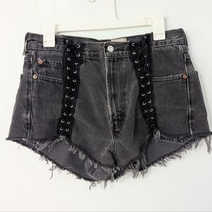 LF Furst Of A King Reworked Vintage Lace Up Denim High Rise Shorts Black 32